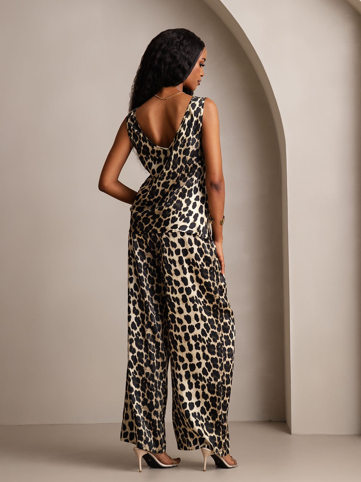 SilkSilky-DE Reine Seide V Ausschnitt Women''s Outfit Sets Leopard 002