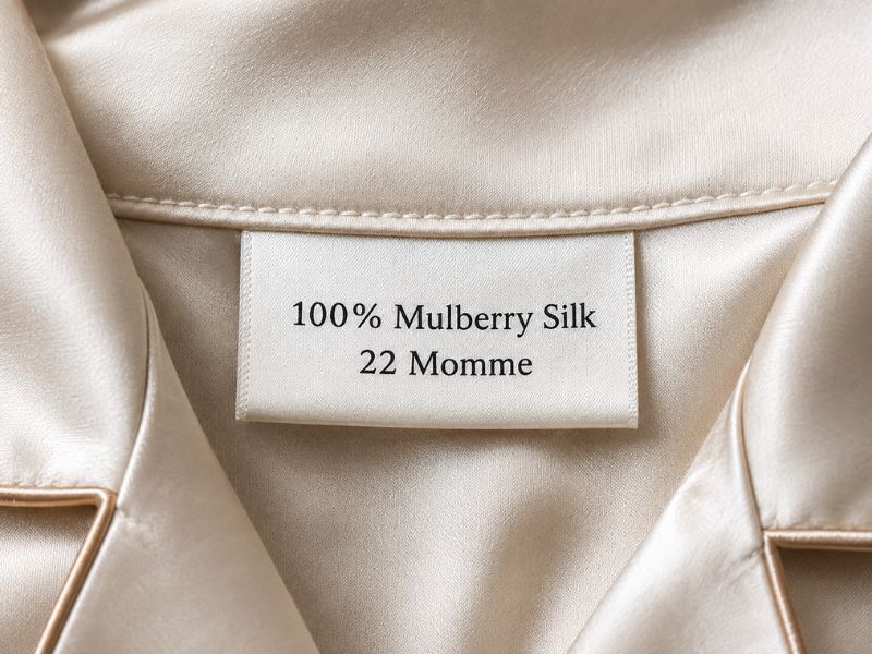 Hochwertiges Etikett eines Seidenpyjamas, das 100% reine Maulbeerseide garantiert.