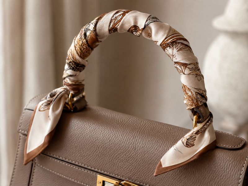 Tasche mit Seidentuch am Henkel umwickelt als Schutz und Accessoire