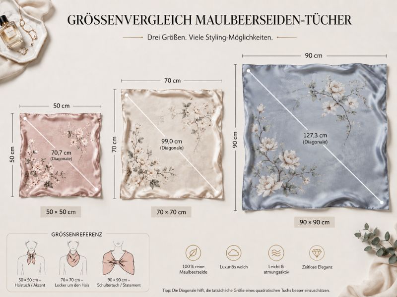 Seidentuch Größe im Vergleich 50x50 und 90x90 cm