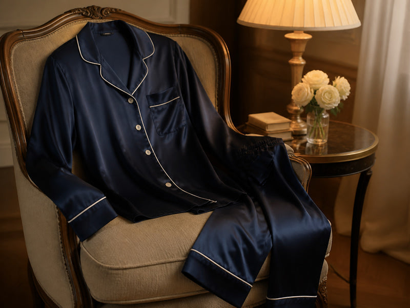 Dunkelblaues Seidenpyjama-Set im klassischen Filmstil