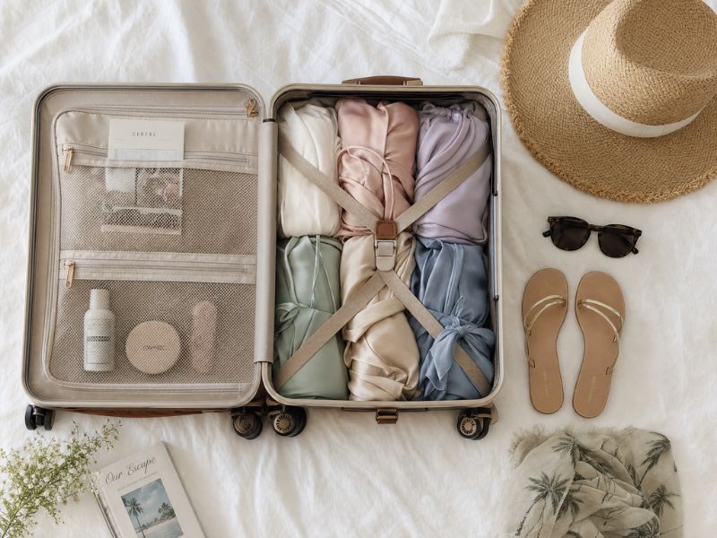 Platzsparend Koffer packen für den Sommerurlaub mit knitterarmen Seidenkleidern und Accessoires.