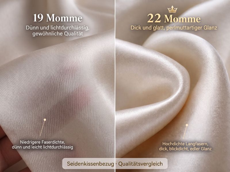 Direkter Vergleich des Momme-Gewichts bei Seidenkissenbezügen: 19 Momme vs. hochwertige 22 Momme.