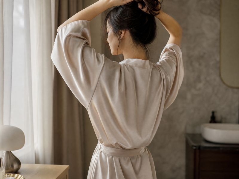 Fließender Seidenmantel mit Kimono-Ärmeln bietet maximale Bewegungsfreiheit am Rücken.