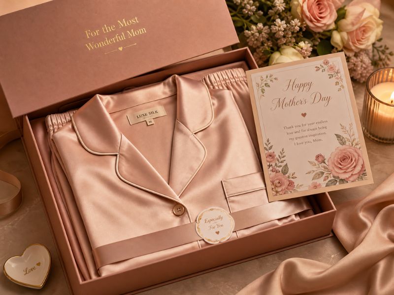 Ein luxuriöses Muttertagsgeschenk: Elegant verpackter Seidenpyjama in einer hochwertigen Geschenkbox.