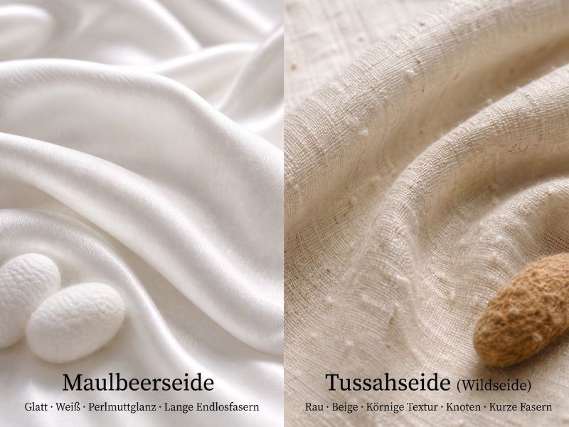 Mikroskopischer Vergleich: Glatte Maulbeerseide vs. raue Tussahseide