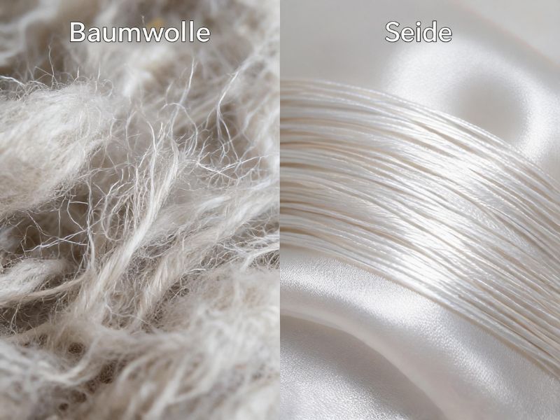 Mikroskopischer Vergleich: Glatte Seidenfasern vs. aufgeraute Baumwollfasern für Schlafbekleidung.