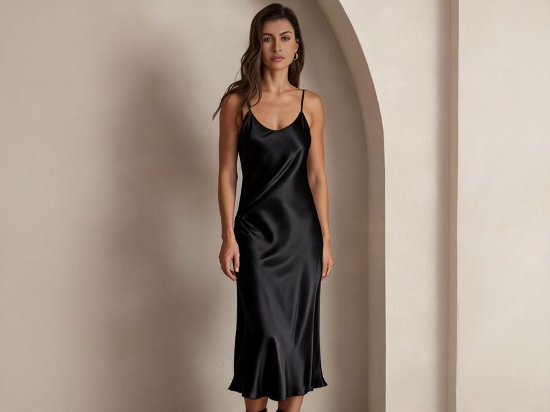 Fließendes Seidenkleid im Schrägschnitt passt sich perfekt den weiblichen Kurven an.
