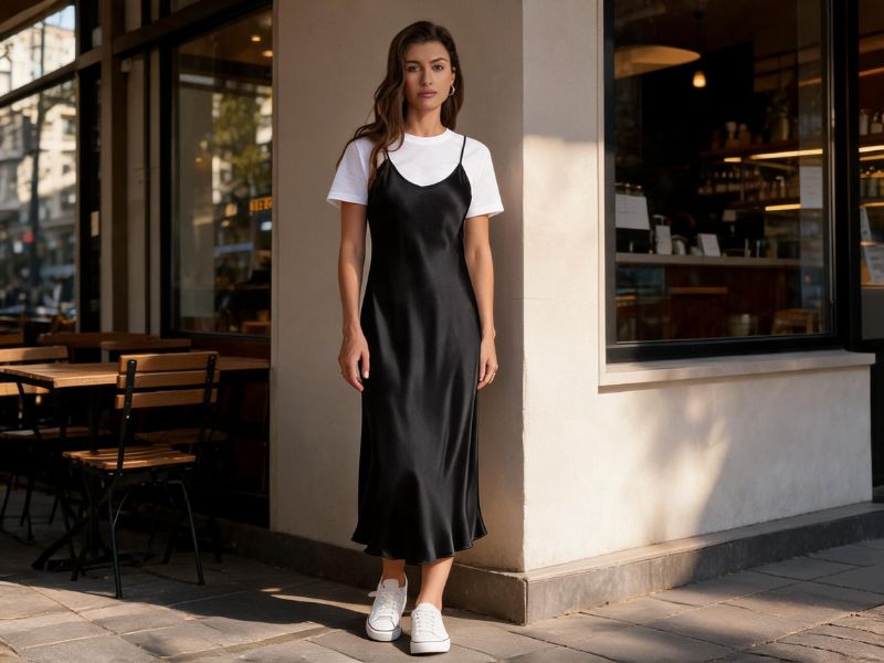 Alltags-Look mit Seidenkleid: Lässiges Layering mit weißem T-Shirt und Sneakern.
