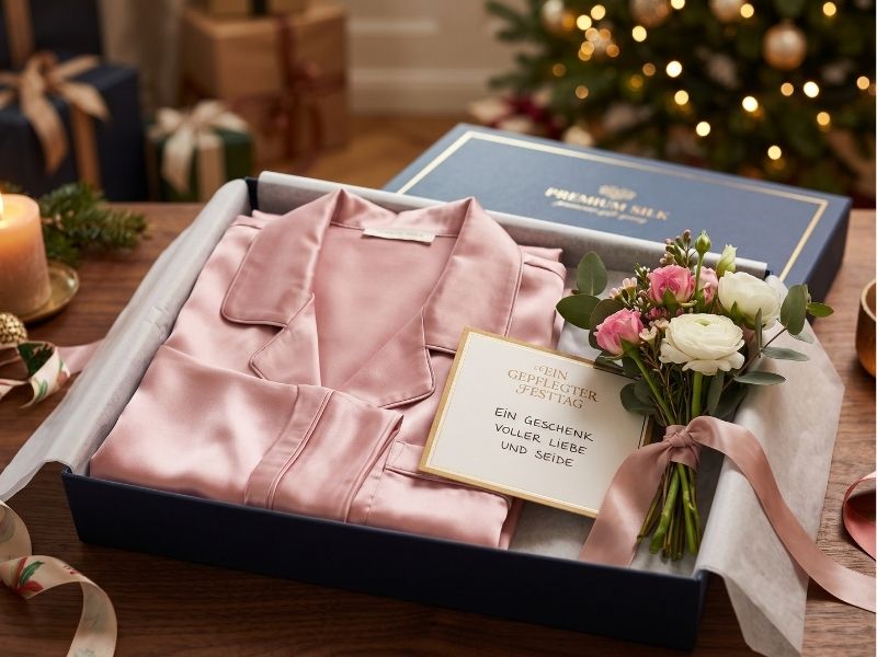 Das perfekte Geschenk für sie: Elegant verpackter Seidenpyjama in einer luxuriösen Geschenkbox.