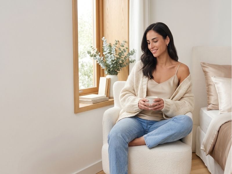 Alltags-Look mit Stilbruch: Seiden-Camisole lässig kombiniert mit Jeans und grobem Strick.