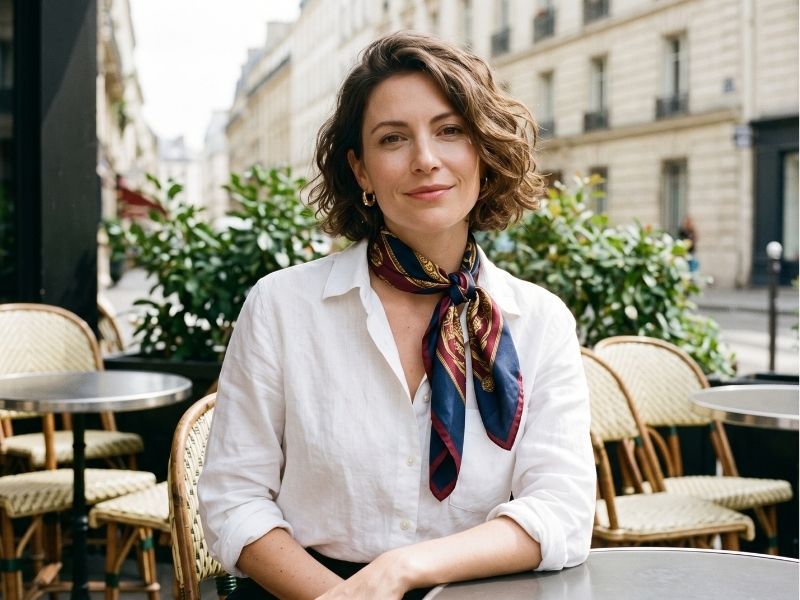 Elegantes Styling: Ein Seidentuch klassisch als Pariser Knoten gebunden.