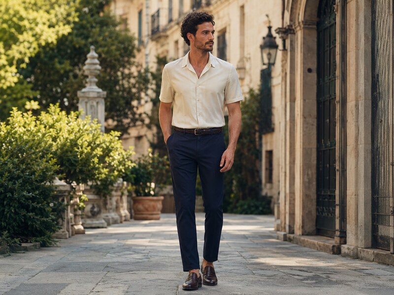 Männliches Model kombiniert ein kurzes Seidenhemd mit einer Chino-Hose im Sommer