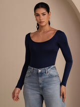 [Dunkelblau] SilkSilky-DE Long Sleeve U Ausschnitt T-Shirt 001