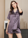 SilkSilky-DE Reine Seide Kurzärmelig Revers Damen Pyjamas LilaGrau 004