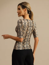 [Snakeskin] SilkSilky-DE Halblange Ärmel Tiefer Rundhalsausschnitt T-Shirt 002
