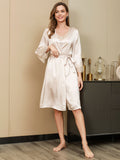 SilkSilky-DE Reine Seide 3/4-lange Ärmel Nightgown&Robe Set Elfenbeinfarbe 006