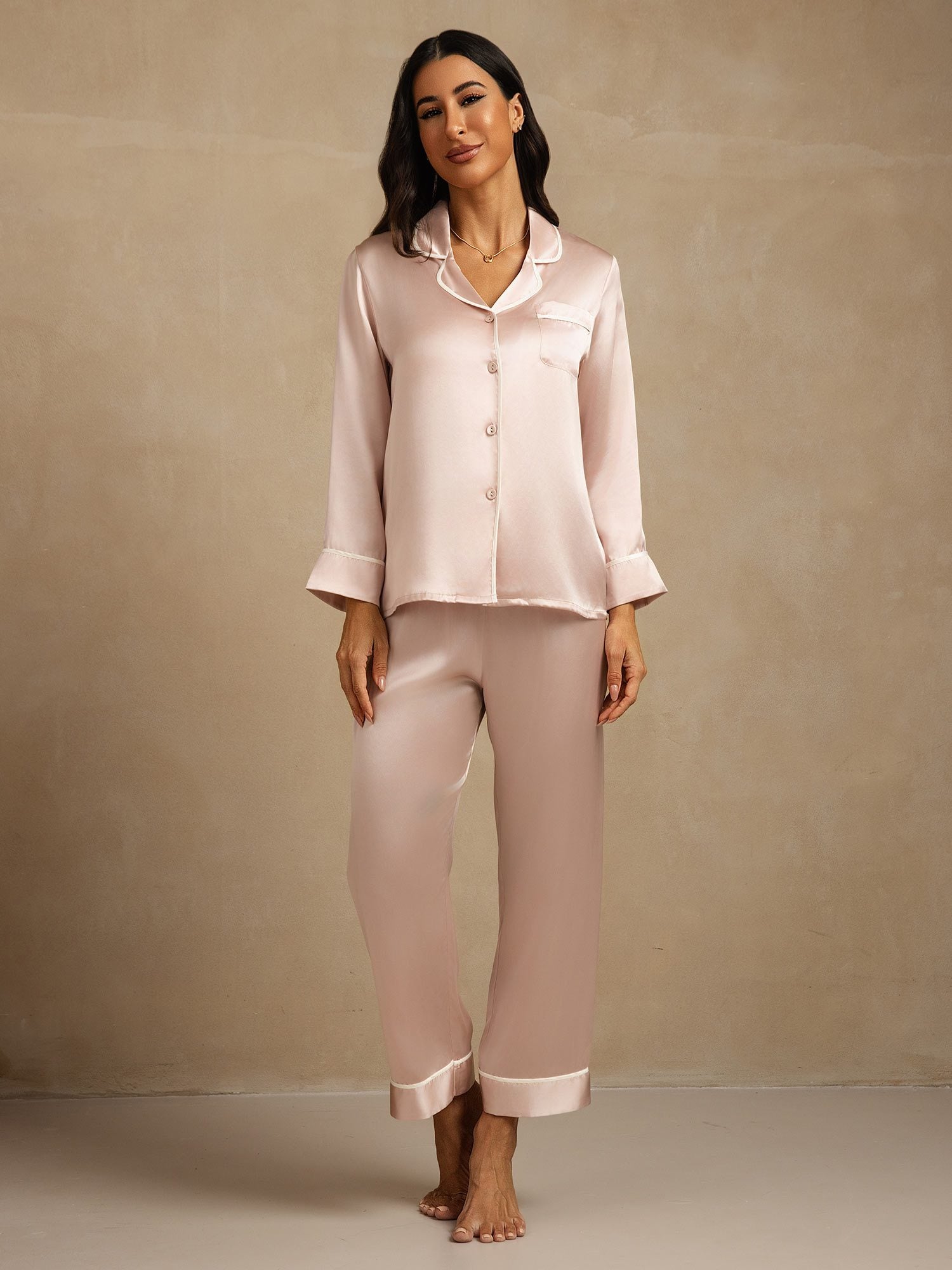 [Rosa] SilkSilky-DE Reine Seide Umlegekragen Damen Pyjamas 007