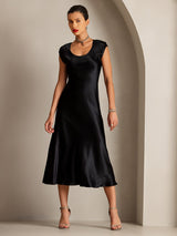 [Schwarz] SilkSilky-DE Cap Sleeve Tiefer Rundhalsausschnitt Kleider 006