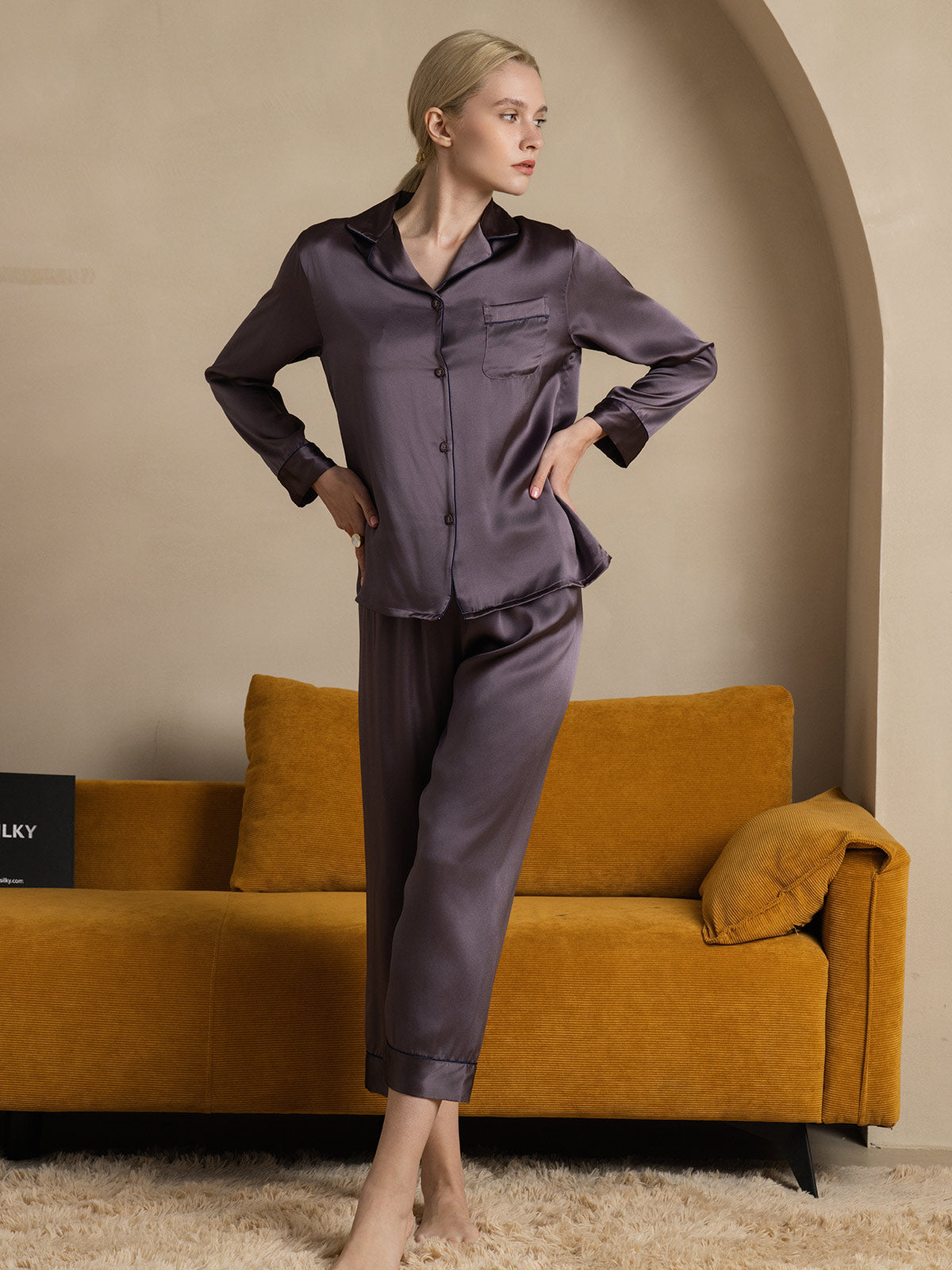 SilkSilky-DE Reine Seide Langärmelig Revers Damen Pyjamas LilaGrau 001