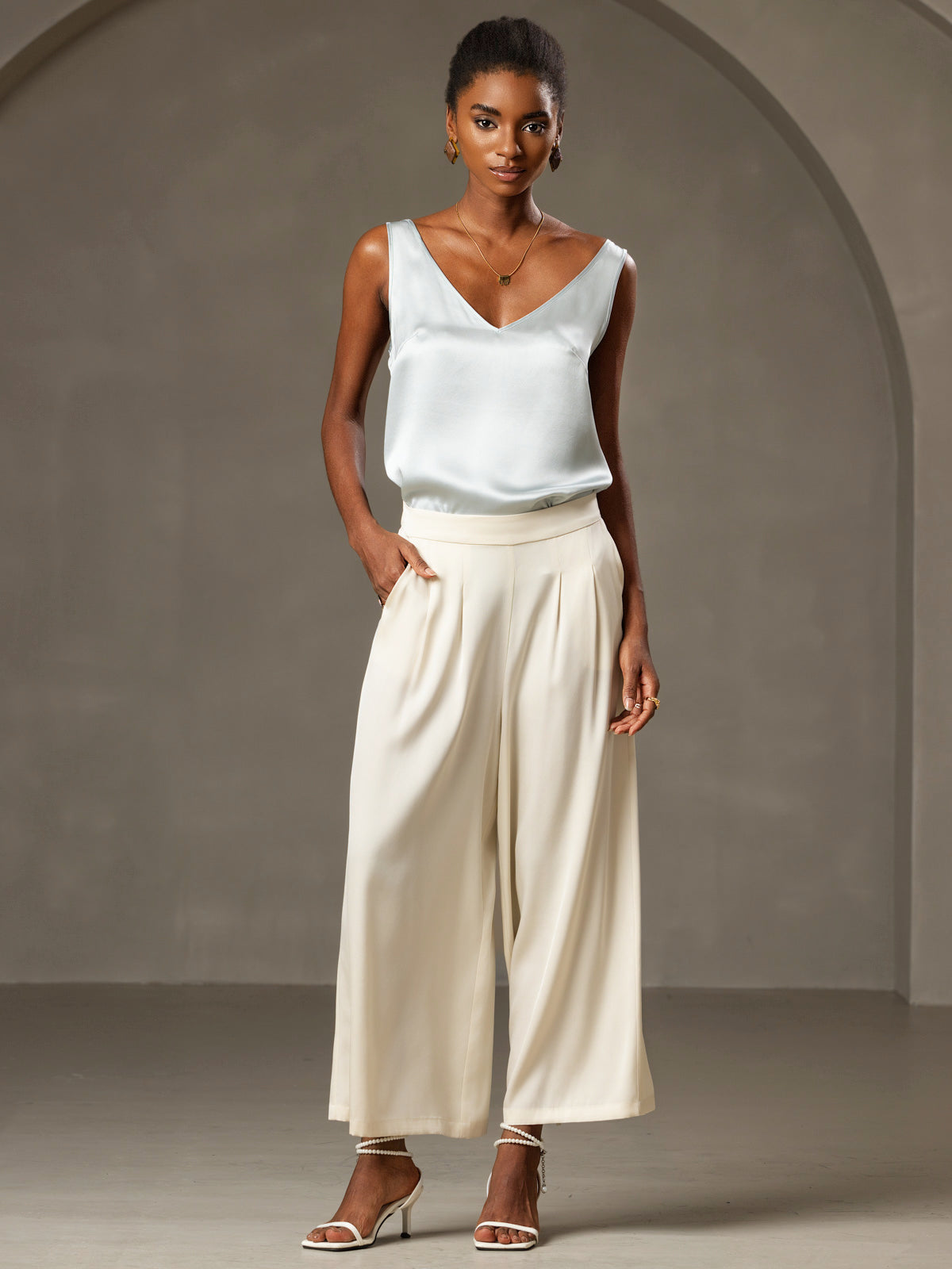 [Hellblau] SilkSilky-DE Reine Seide Ärmellos V Ausschnitt Cami Top 006