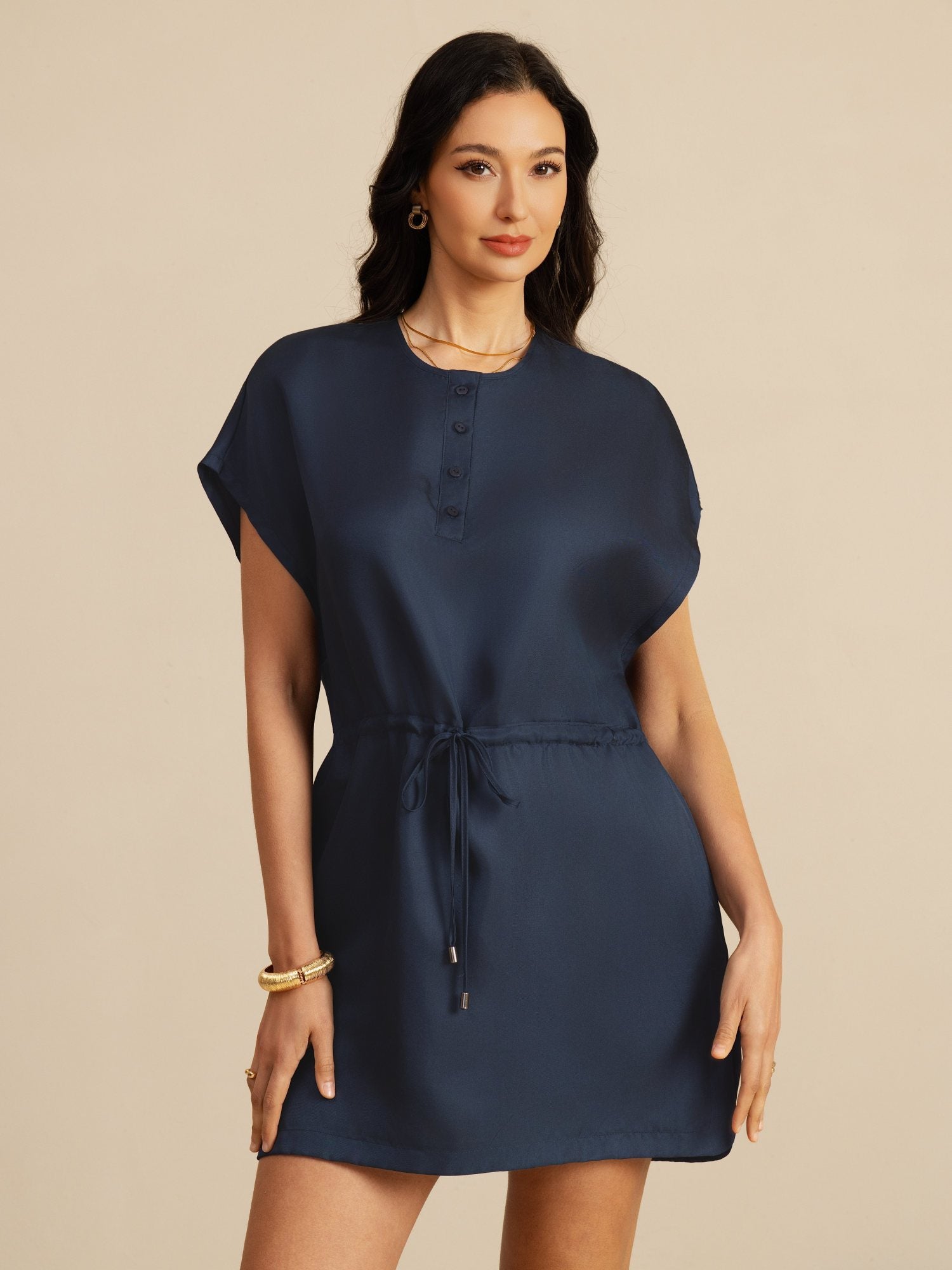 [Dunkelblau] SilkSilky-DE 18Momme Kappenärmel Henley-Ausschnitt Kleider 001