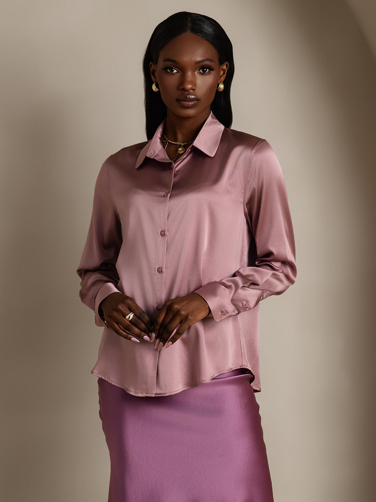[Blasses Mauve] SilkSilky-DE Seide Umlegekragen Damenhemd 003