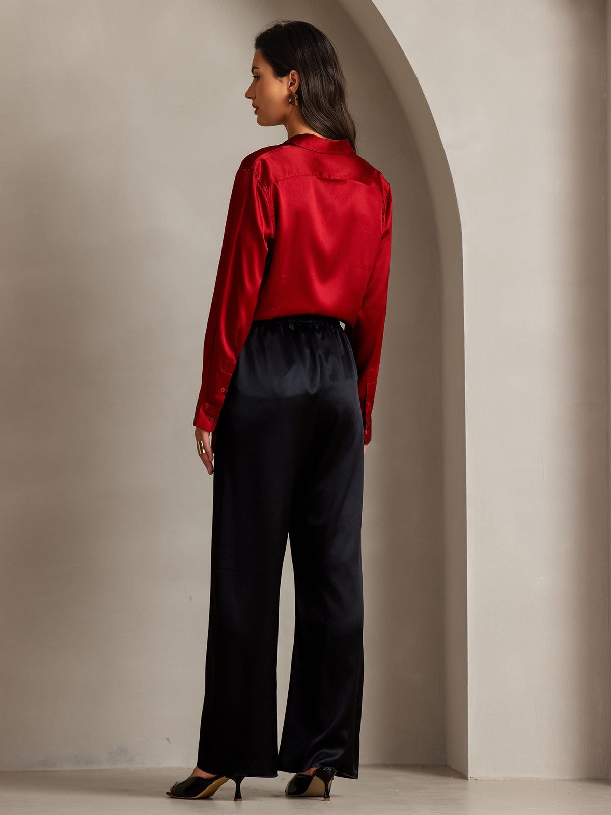 [Rot] SilkSilky-DE Seide Langärmelig Umlegekragen Damenhemd 002