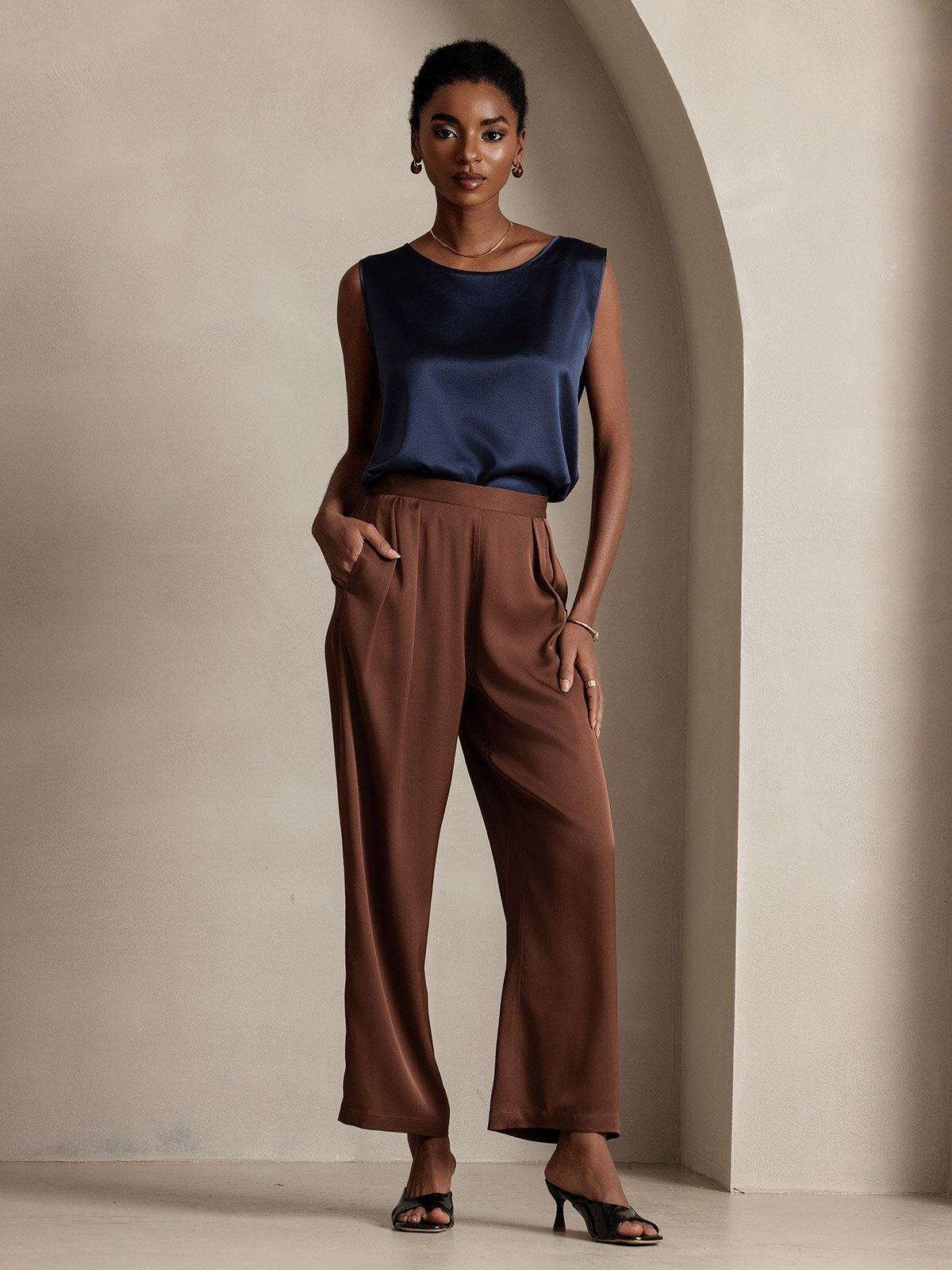 [Dunkelblau] SilkSilky-DE 19Momme Ärmellos Rundhalsausschnitt Cami Top 004