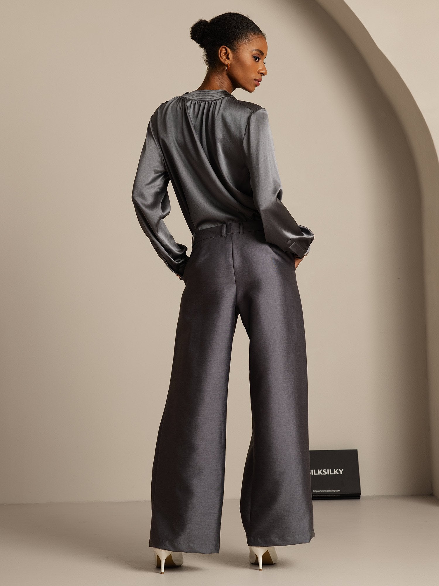 [Grau] SilkSilky-DE 32Momme Silk-Wool Blend Womens Pants 002,