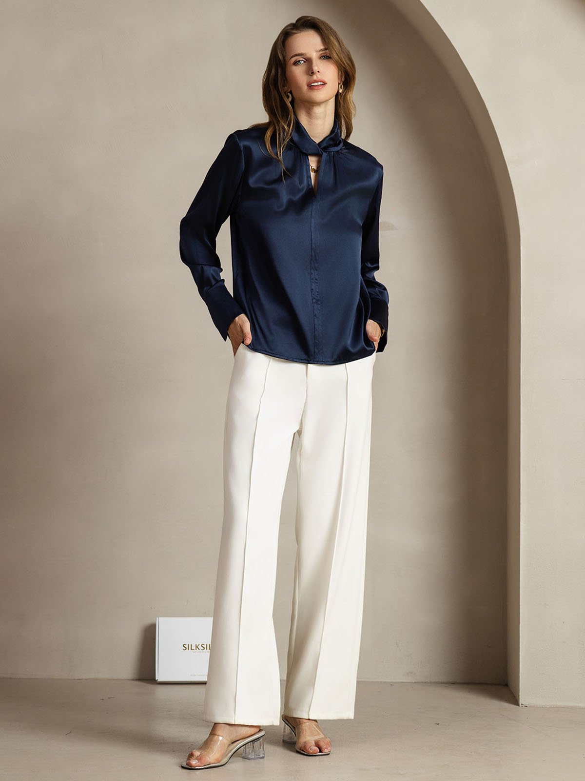 [Dunkelblau] SilkSilky-DE 19Momme Seide Womens Shirt 008