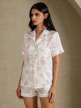 [Creme Blumen] SilkSilky-DE Short Sleeve Notch Collar Damen Pyjamas 003