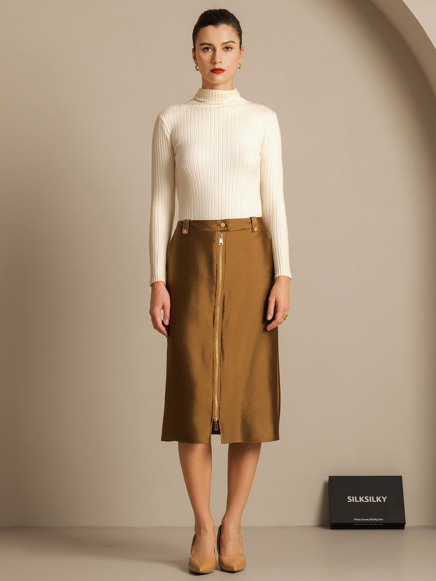 [Bronze] SilkSilky-DE 32Momme Silk-Wool Blend Skirt 006,