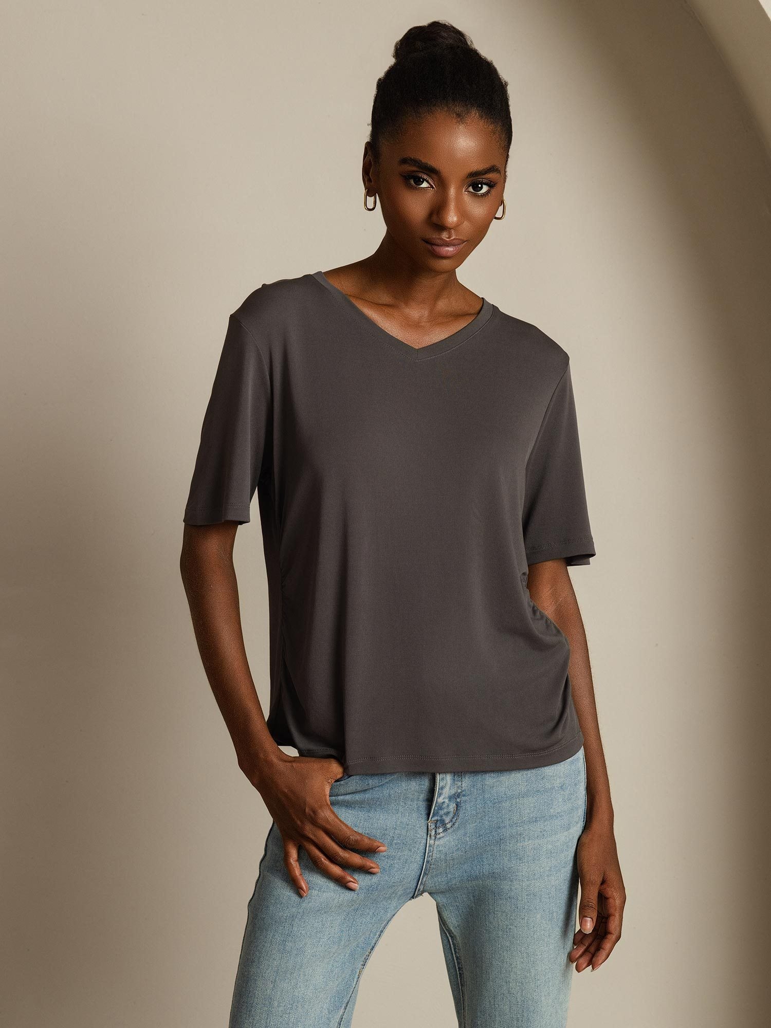 [Grau] SilkSilky-DE Reine Seide V Ausschnitt T-Shirt 008