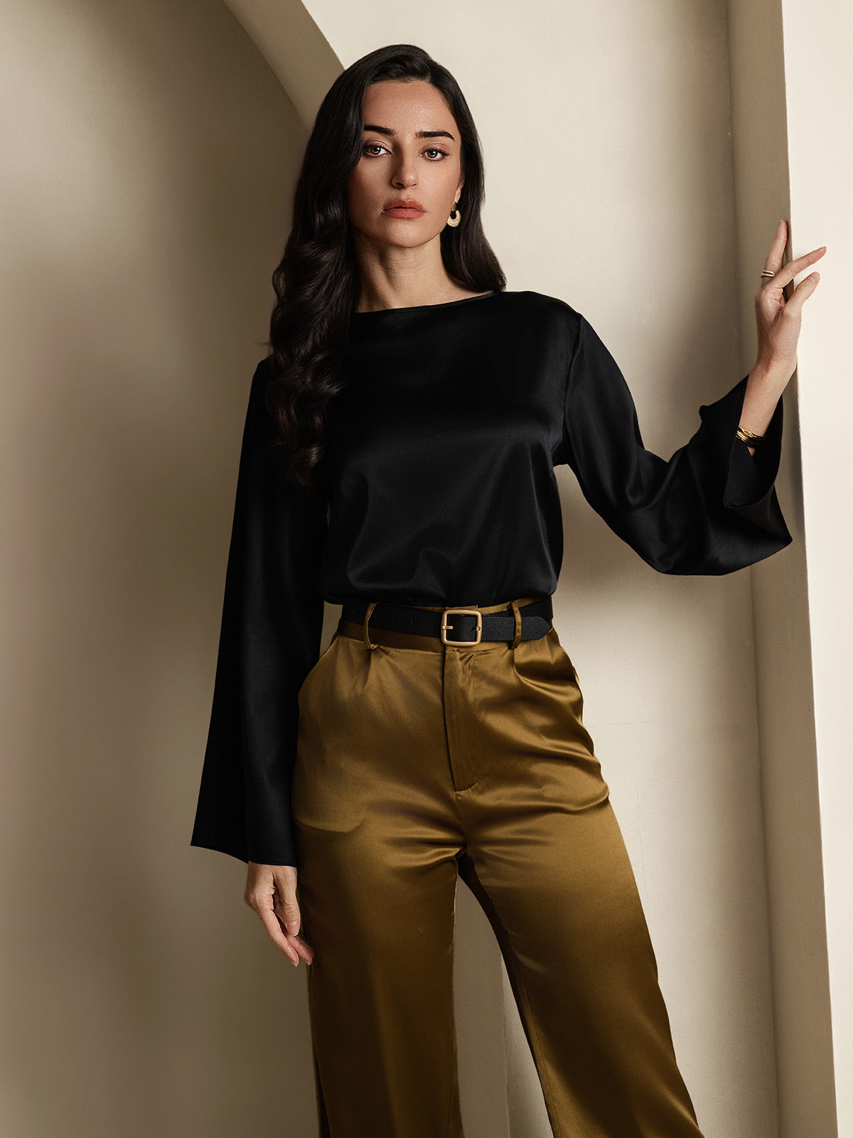 [Schwarz] SilkSilky-DE 19Momme Seide Womens T-Shirt 004