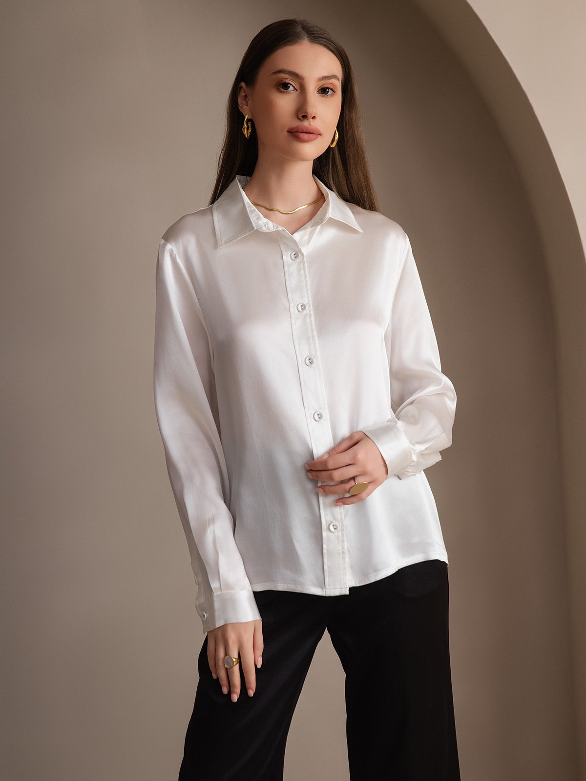 SilkSilky-DE 19Momme Seide Langärmelig Umlegekragen Damenhemd Weiß 004