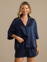 [Dunkelblau] SilkSilky-DE 19Momme Halblange Ärmel Notch-Kragen Damen Pyjamas 004