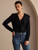 [Schwarz] SilkSilky-DE Long Sleeve Deep V Neck Damenblusen 004