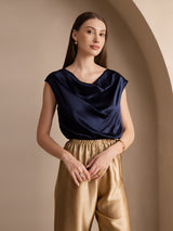 [Dunkelblau] SilkSilky-DE Cap Sleeve Cowl Neck T-Shirt 003