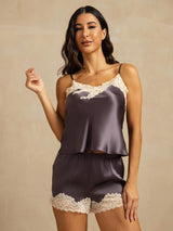 [Lilagrau] SilkSilky-DE Spaghettiträger V Ausschnitt Camisole-Set 003