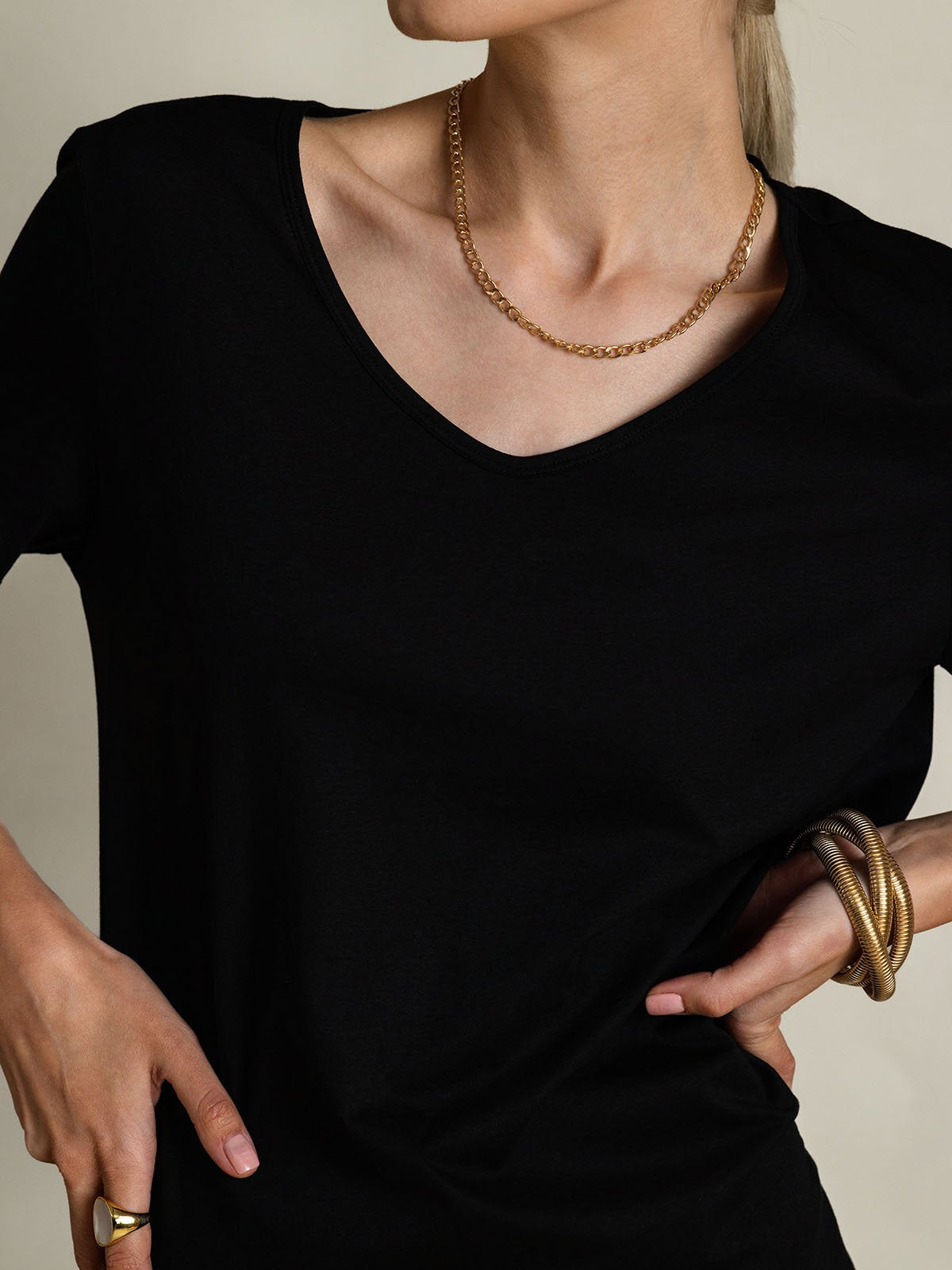 [Schwarz] SilkSilky-DE Seide Kurzärmelig V Ausschnitt T-Shirt 004