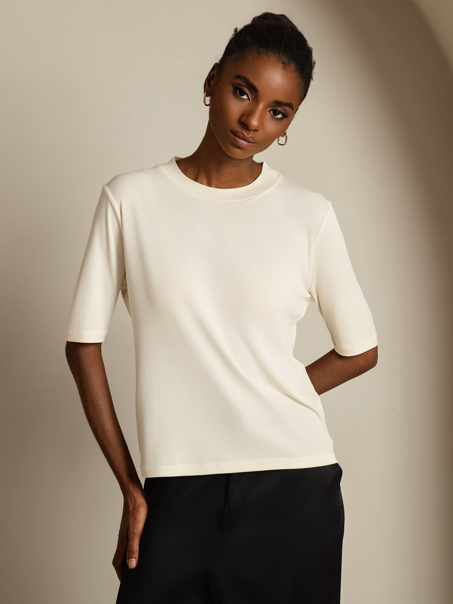 [Beige] SilkSilky-DE Reine Seide Womens T-Shirt 005
