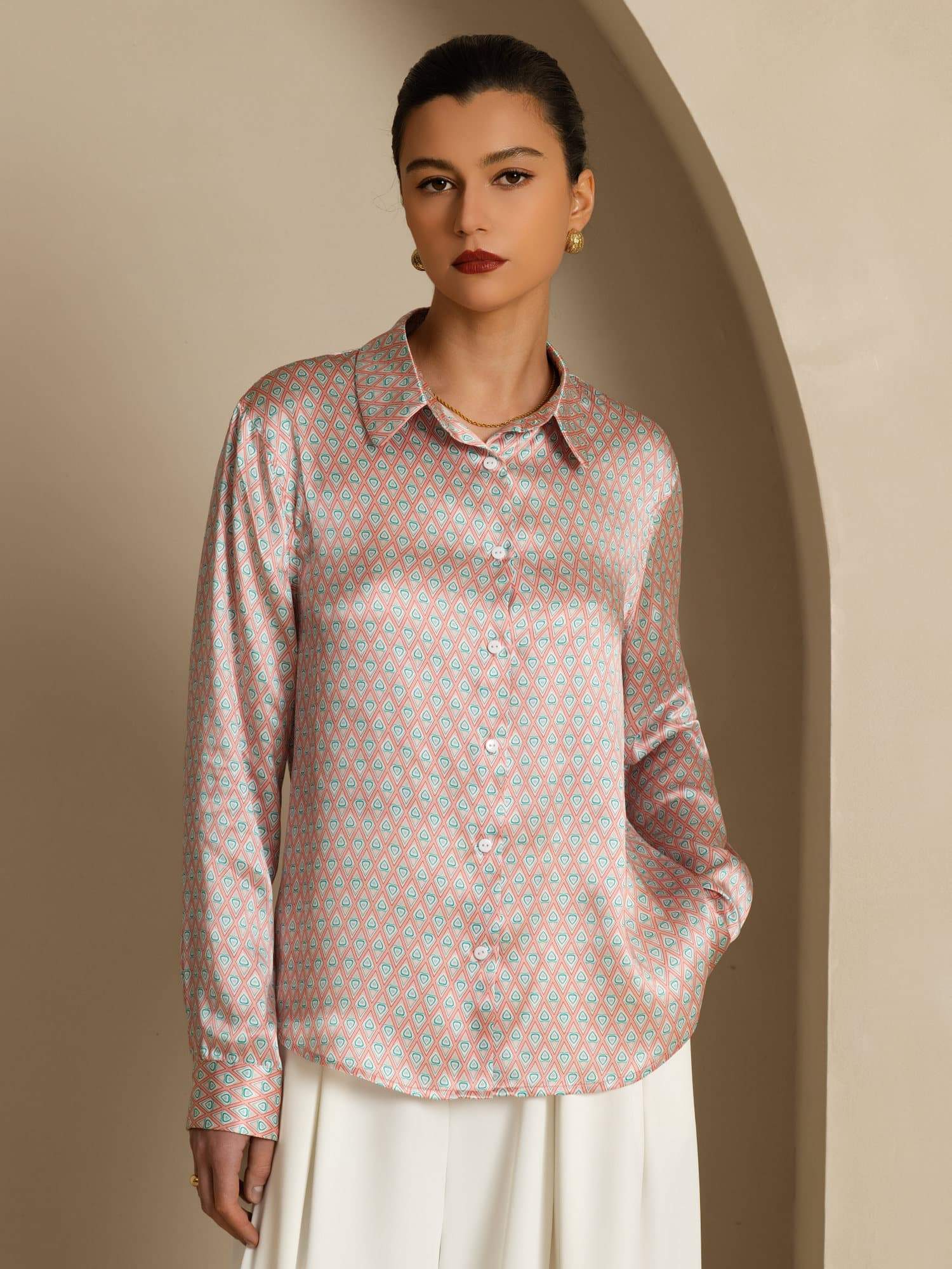 [Rosa Herz Geo] SilkSilky-DE Langärmelig Lapelkragen Damenhemd 002