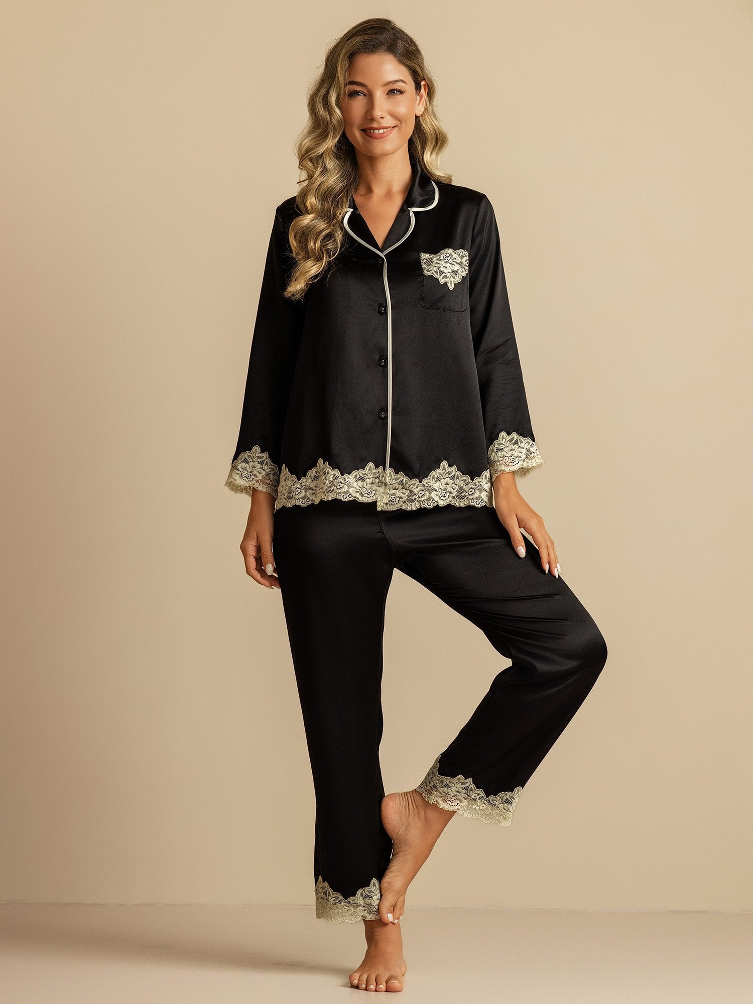 [Schwarz] SilkSilky-DE Reine Seide Womens Pajamas 001