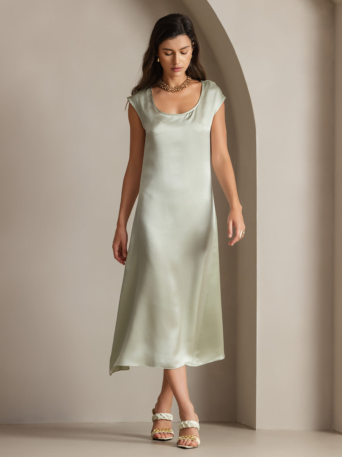 [Hellgrün] SilkSilky-DE 19Momme Seide Dress 002