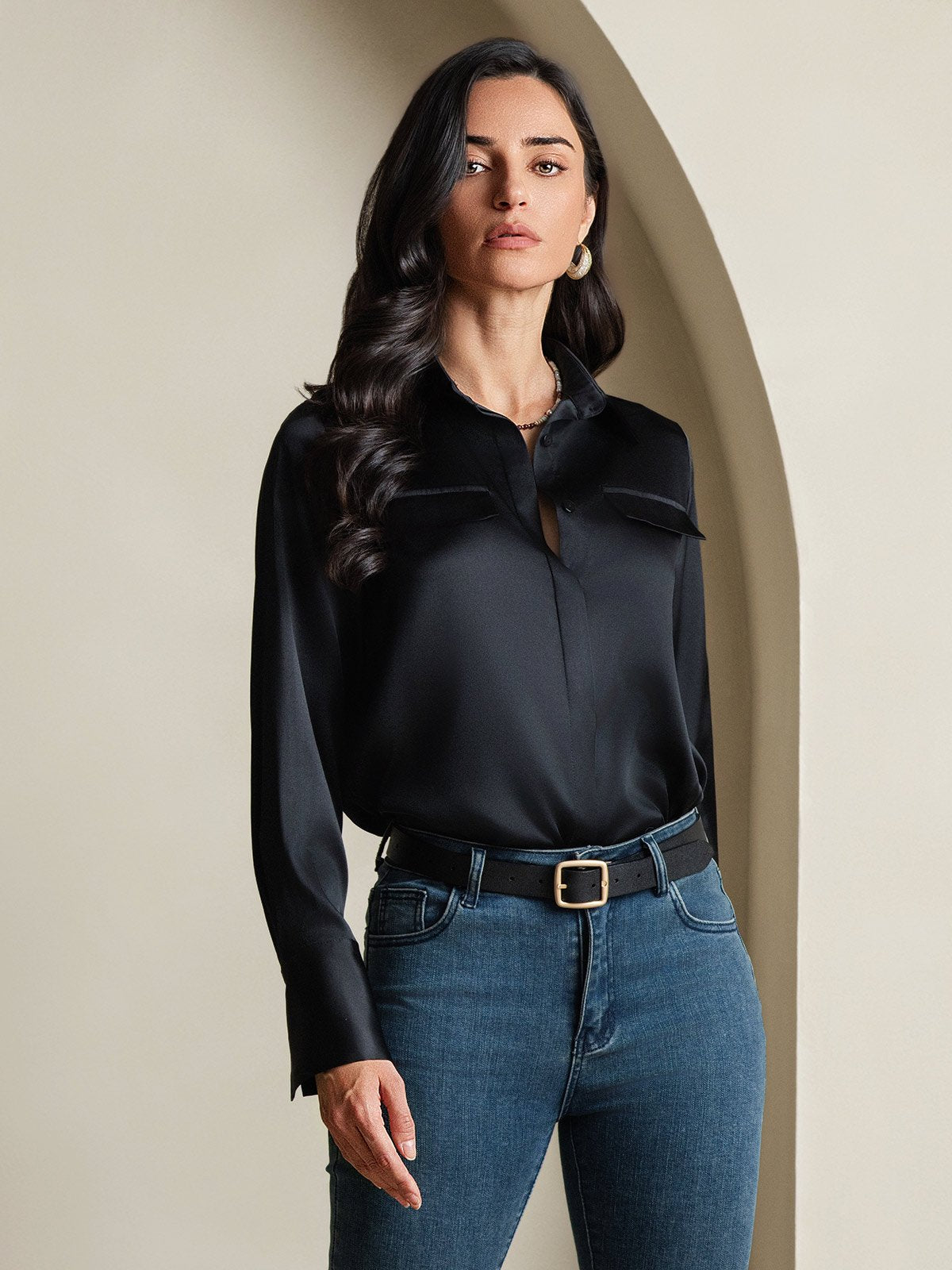 SilkSilky-DE 19Momme Seide Langärmelig Umlegekragen Damenhemd Schwarz 004