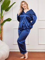 [Dunkelblau] SilkSilky-DE Langärmelig Damen Pyjamas Große Größen 006
