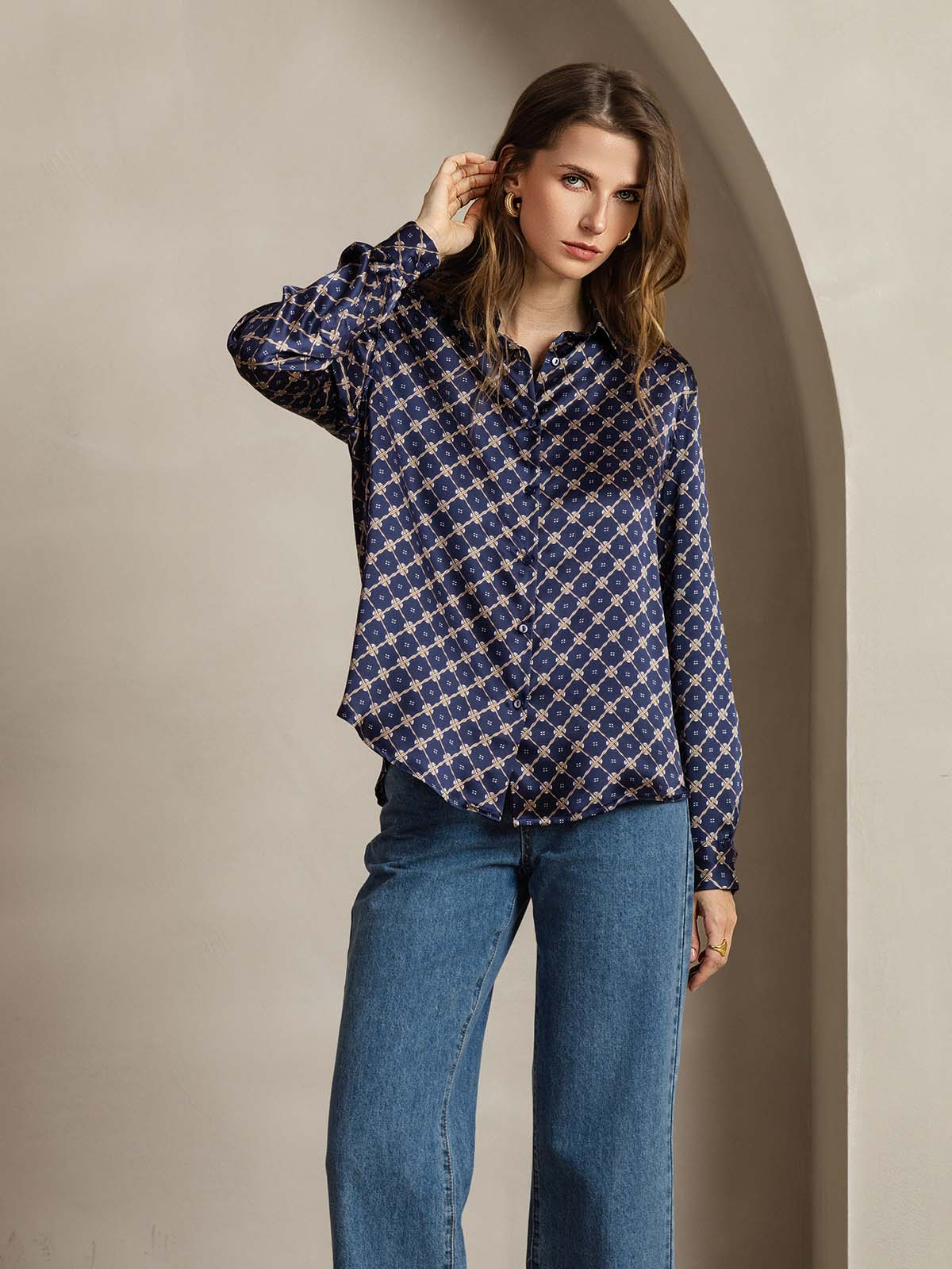 [Marine Kette] SilkSilky-DE Seide Langärmelig Umlegekragen Damenhemd 005