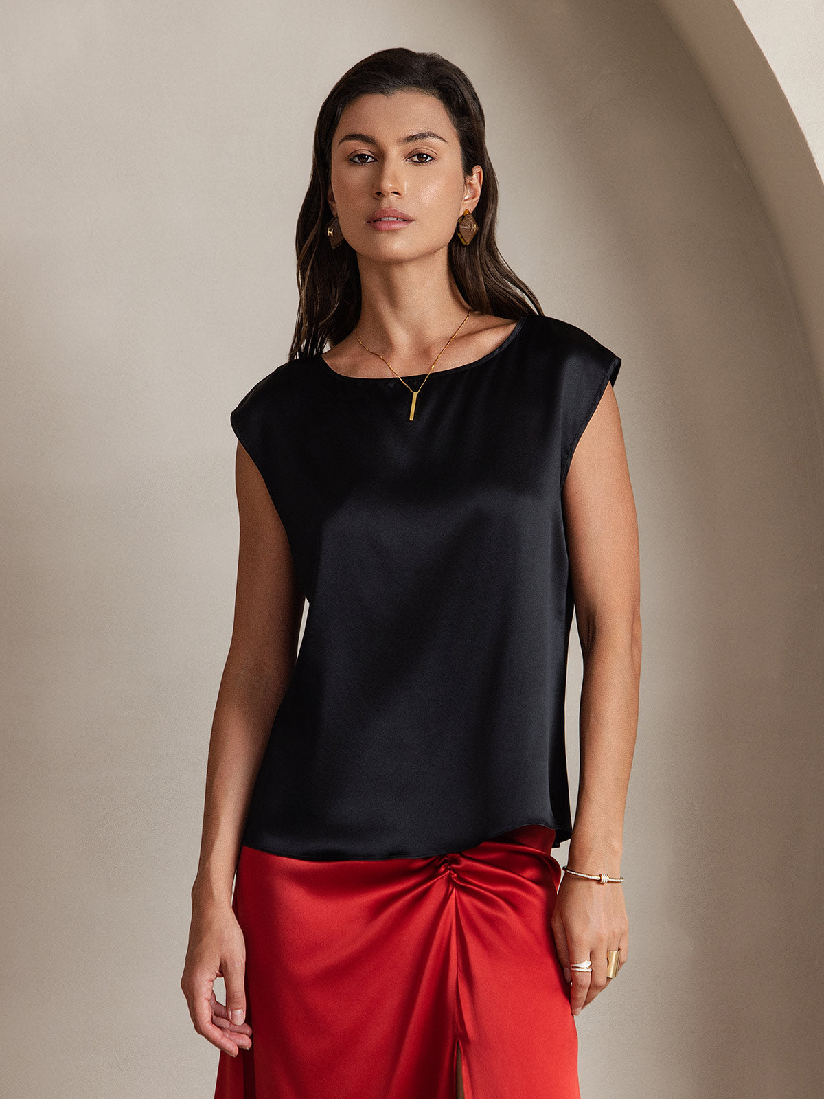 [Schwarz] SilkSilky-DE 19Momme Kappenärmel Rundhalsausschnitt T-Shirt 001