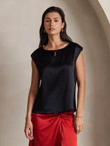 [Schwarz] SilkSilky-DE Cap Sleeve Round Neck T-Shirt 001